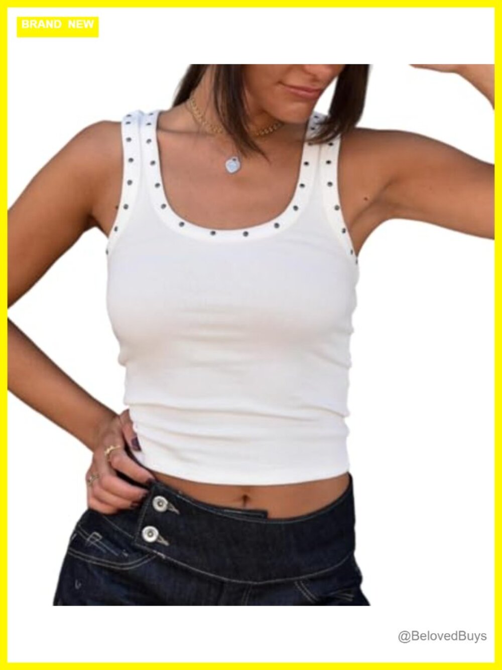 Studded Sleeveless Ribbed Fitted Tank Top Punk Grunge Scoop Neck Cami